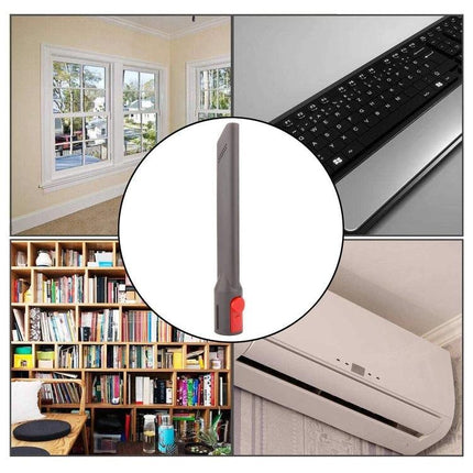 Dyson Compatible Crevice Brush for Hard-to-Reach Cleaning shown with examples: sofa crevice, keyboard, bookshelf, window track, and car/AC vent