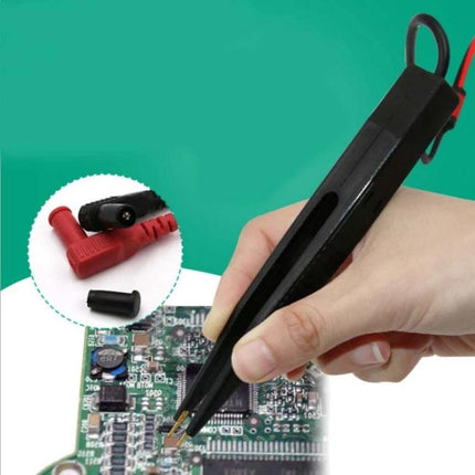 Capacitance Meter Test Leads with Tweezers for Electronic Testing - tweezer probe measuring SMD capacitor on circuit board