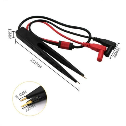 Capacitance Meter Test Leads with Tweezers for Electronic Testing - black tweezer leads with red/black cables and gold tips for SMD measurement