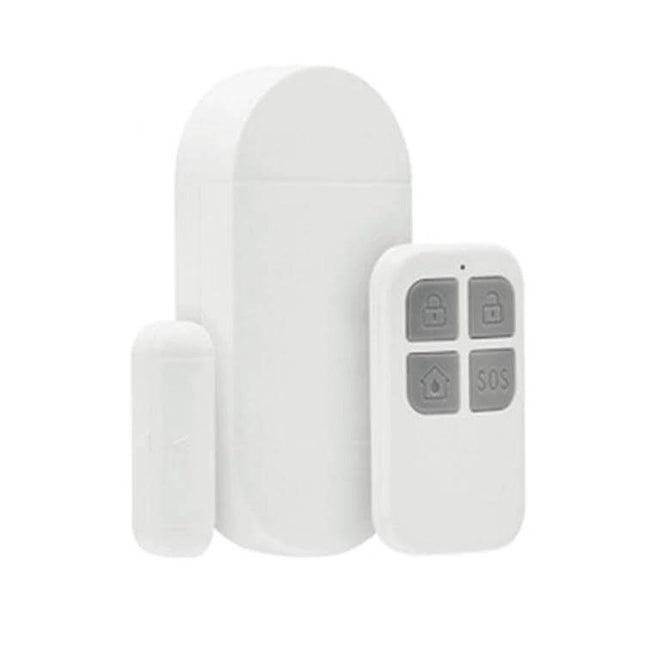 Wireless Remote Control Door and Window Security Alarm showing white main unit, magnetic sensor and remote with lock and SOS buttons
