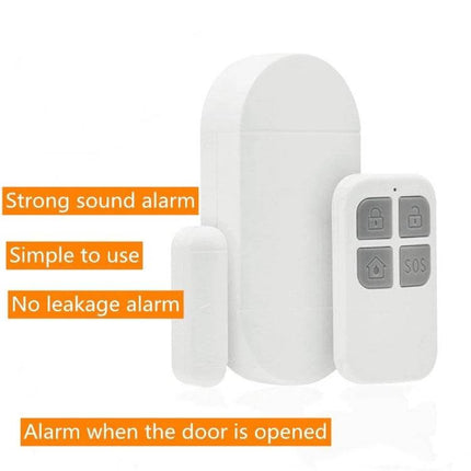 Wireless Remote Control Door and Window Security Alarm white main unit magnetic sensor and remote control showing strong sound and SOS button