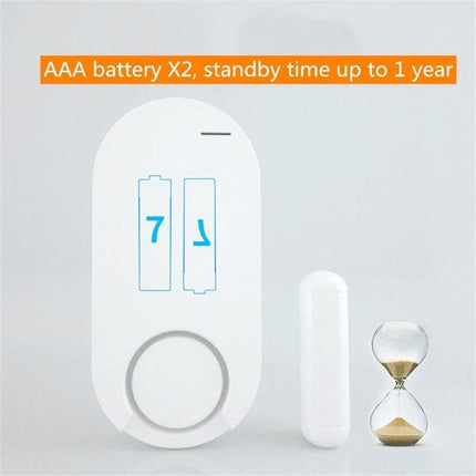 Wireless Remote Control Door and Window Security Alarm compact white magnetic sensor and main unit showing AAA battery use and up to 1 year standby