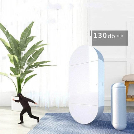 Wireless Remote Control Door and Window Security Alarm loud 130dB main unit and magnetic sensor shown in modern home setting
