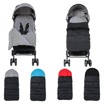 Winter And Autumn Baby Stroller Sleeping Bag Waterproof Foot Cover shown on strollers in grey, black, blue and red color options, 3-in-1 sleeping bag foot cover cotton pad