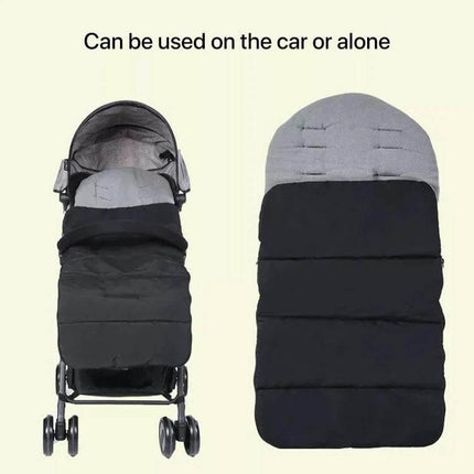Winter And Autumn Baby Stroller Sleeping Bag Waterproof Foot Cover shown on stroller and flat, black padded 3-in-1 foot cover and sleeping bag