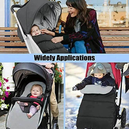 Winter And Autumn Baby Stroller Sleeping Bag Waterproof Foot Cover showing baby in stroller, 3-in-1 sleeping bag, foot cover and cotton pad for cold weather