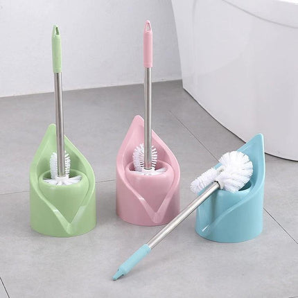 Practical toilet brush and base set for everyday bathroom maintenance - pastel green pink blue brush set next to toilet