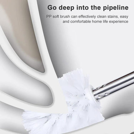 Practical toilet brush and base set for everyday bathroom maintenance - close-up of white PP soft brush head reaching deep into toilet curve