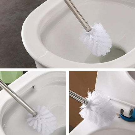 Practical toilet brush and base set for everyday bathroom maintenance shown cleaning toilet bowl with white round brush and stainless handle
