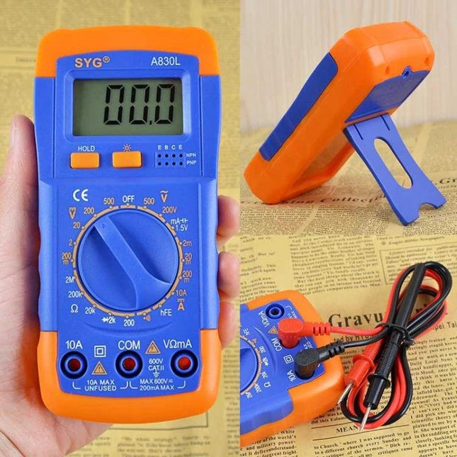 Practical Digital Multimeter for Electrical Testing and Repair with clear LCD screen, probes and stand for hobbyists and technicians