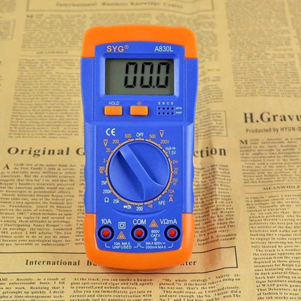 Practical Digital Multimeter for Electrical Testing and Repair - handheld blue-orange multimeter with clear 1.1/2 digit LCD showing 0.0