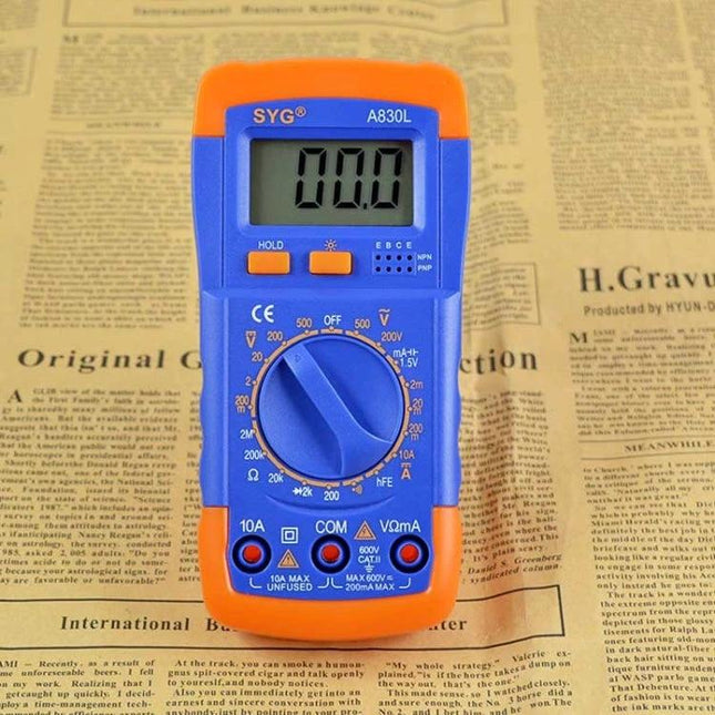 Practical Digital Multimeter for Electrical Testing and Repair - handheld blue-orange multimeter with clear 1.1/2 digit LCD showing 0.0