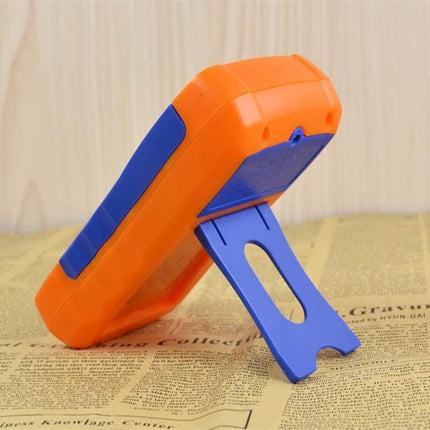 Practical Digital Multimeter for Electrical Testing and Repair with clear LCD screen on fold-out stand, orange and blue handheld tester for DIY and technicians