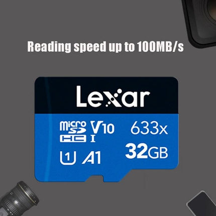 Lexar 32GB High-Speed Micro SD Card for Mobile Devices showing blue 32GB microSD card with 100MB/s read speed and camera icons
