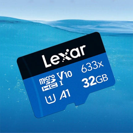 Lexar 32GB High-Speed Micro SD Card for Mobile Devices showing blue 32GB microSD card with V10 U1 A1 rating, 633x speed for smartphones, tablets, action cams