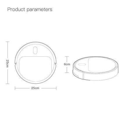 Ultra-Thin Automatic Sweeping Robot for Daily Home Cleaning slim 25cm diameter, 6cm height product diagram showing dimensions