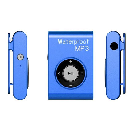 Waterproof Swimming MP3 Player with Clip and Earphones for Sports blue clip-on waterproof MP3 with play controls shown