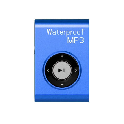 Waterproof Swimming MP3 Player with Clip and Earphones for Sports - blue clip-on waterproof MP3 with play controls and earphones for swimming and workouts