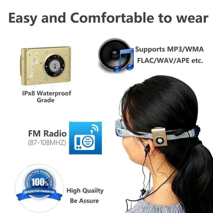 Waterproof Swimming MP3 Player with Clip and Earphones for Sports shown clipped to swim goggles, IPx8 waterproof, FM radio and multiple audio format support