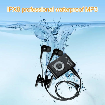 Waterproof Swimming MP3 Player with Clip and Earphones for Sports shown submerged with earphones and clip, IPX8 waterproof design