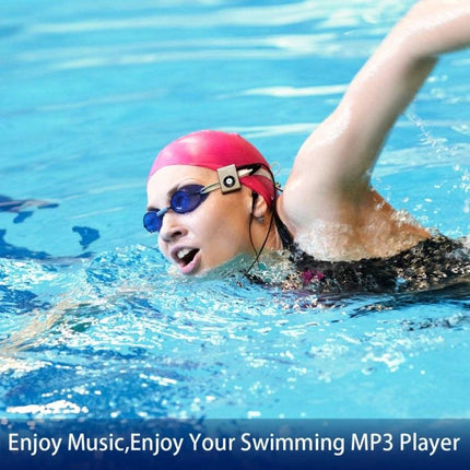 Waterproof Swimming MP3 Player with Clip and Earphones for Sports - swimmer wearing waterproof MP3 clipped to goggle strap for pool workouts