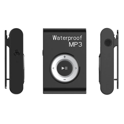 Waterproof Swimming MP3 Player with Clip and Earphones for Sports showing black clip-on waterproof MP3 with play controls
