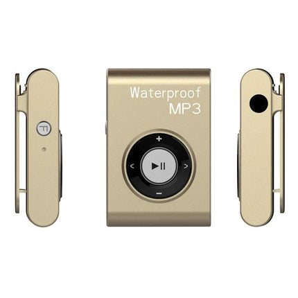Waterproof Swimming MP3 Player with Clip and Earphones for Sports showing gold clip-on waterproof MP3 with play button and earphone jack