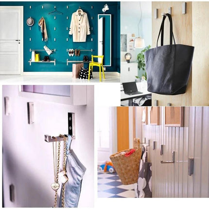 Versatile Wall Hooks for Daily Home Organization Tasks shown holding coats, bags, towels and accessories in entryway and bathroom
