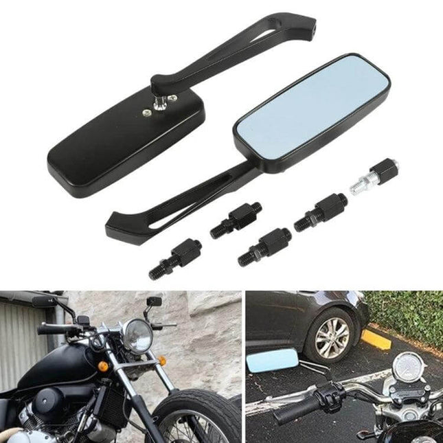 White Square Anti-Glare Aluminum Rearview Mirror for Motorcycles - white square anti-glare mirror kit shown with adapters and motorcycle installation
