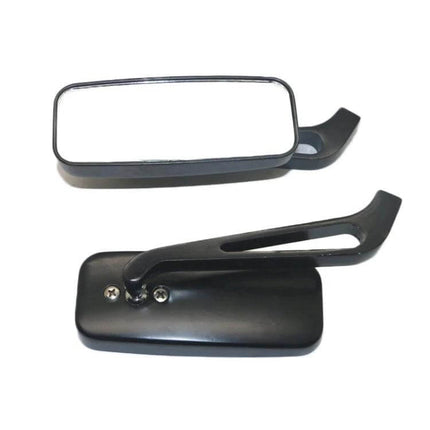 White Square Anti-Glare Aluminum Rearview Mirror for Motorcycles shown in black mounting arms and rectangular mirror - anti-glare square design