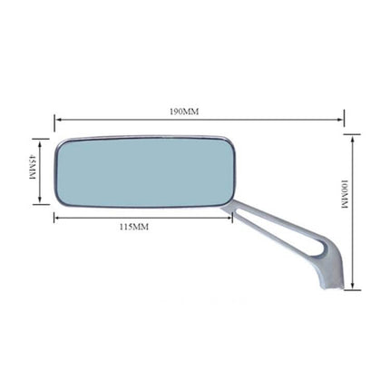 White Square Anti-Glare Aluminum Rearview Mirror for Motorcycles showing rectangular mirror with arm and dimensions (190mm x 100mm)
