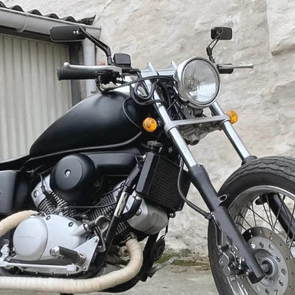 White Square Anti-Glare Aluminum Rearview Mirror for Motorcycles mounted on black cruiser motorcycle showing square mirror and anti-glare surface