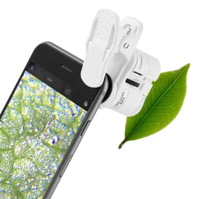 Handheld Mobile Phone Microscope with LED Light for Inspection attached to smartphone showing magnified leaf detail