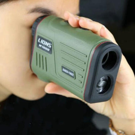 Outdoor Handheld Laser Rangefinder for Distance Measurement in use, compact green unit held to eye, accurate up to 400m