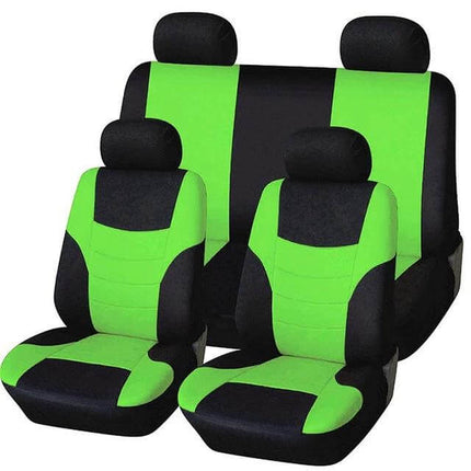 Universal Car Seat Cover With Colorful Stitching For Four Seasons in bright green and black polyester, breathable, fits most cars and SUVs