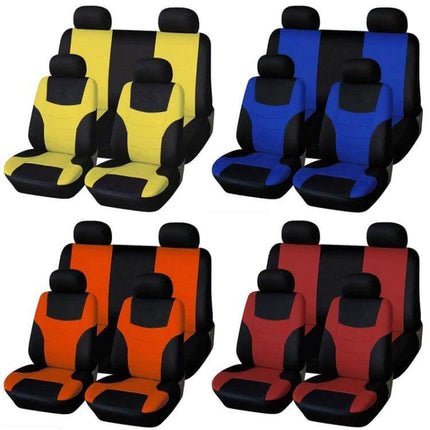 Universal Car Seat Cover With Colorful Stitching For Four Seasons shown in yellow blue orange and red polyester sets protecting seats