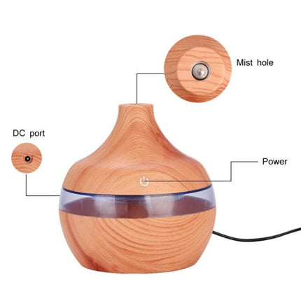 Wood Grain USB Waterdrop Aromatherapy Humidifier For Desk showing wood-grain waterdrop design, 300ml tank, mist hole, DC port and power button, USB powered