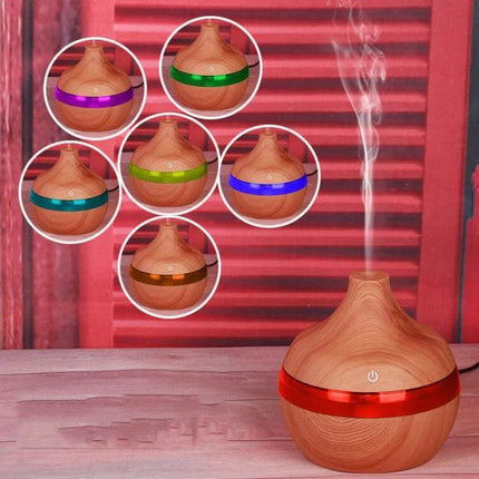 Wood Grain USB Waterdrop Aromatherapy Humidifier For Desk - wood grain waterdrop diffuser with LED color rings, 300ml USB desk humidifier