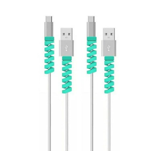 4 Pack Spiral Silicone Data Cable Protective Covers Anti Breakage Winder on white background showing four cables with teal spiral protectors