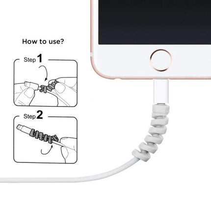 4 Pack Spiral Silicone Data Cable Protective Covers Anti Breakage Winder shown on phone charging cable with step-by-step installation diagram