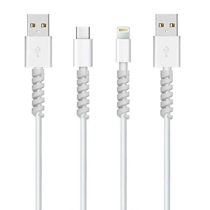 4 Pack Spiral Silicone Data Cable Protective Covers Anti Breakage Winder on white USB, USB-C and Lightning cables, soft silicone spiral protectors