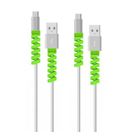 4 Pack Spiral Silicone Data Cable Protective Covers Anti Breakage Winder on USB-C and USB-A cables, green spiral silicone protectors to prevent fraying