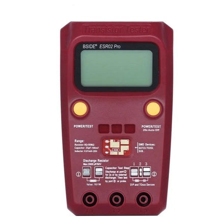 BSIDE Versatile Tester for Electronic Components and Circuits compact red ESR02 Pro device with LCD and test ports for hobbyists and technicians