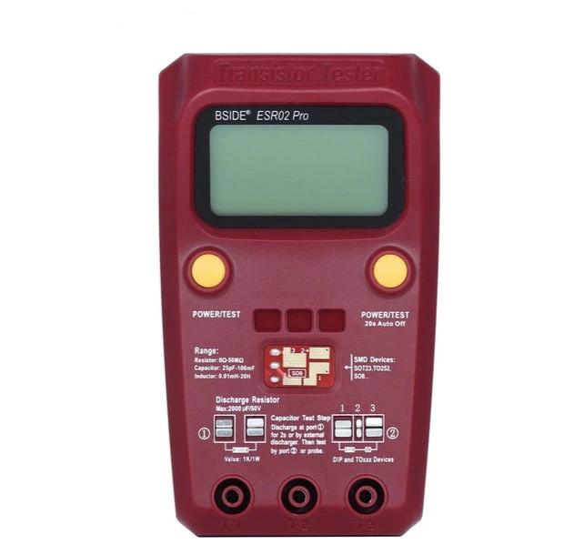 BSIDE Versatile Tester for Electronic Components and Circuits compact red ESR02 Pro device with LCD and test ports for hobbyists and technicians
