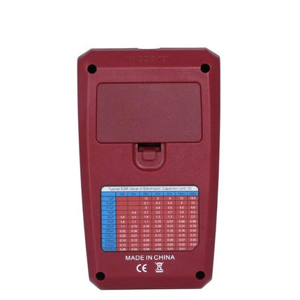 BSIDE Versatile Tester for Electronic Components and Circuits rear view showing battery compartment and ESR chart on red housing