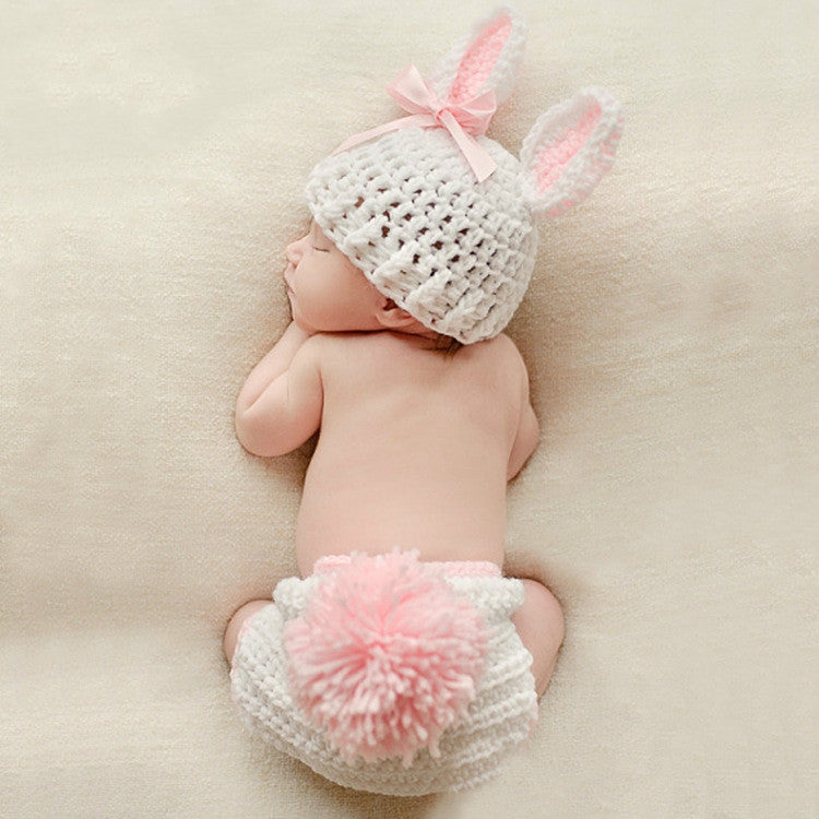 Ensemble de vêtements de photographie pour enfants avec bonnet en laine tricoté à la main et sous-vêtements en forme de lapin de dessin animé