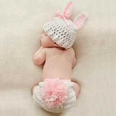 Handcrafted Cartoon Bunny Bow-knot Wool Hat & Matching Underwear Set for Kids Photography