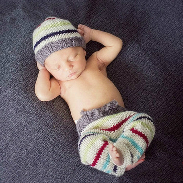 Vêtements de photographie pour enfants Bonnet + pantalon en laine rayée tricotés à la main