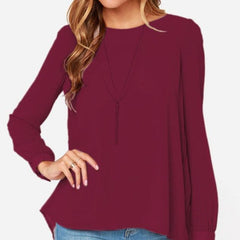 Women's Long-Sleeve Chiffon Blouse with Round Neck and Slim Fit