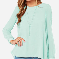 Women's Long-Sleeve Chiffon Blouse with Round Neck and Slim Fit